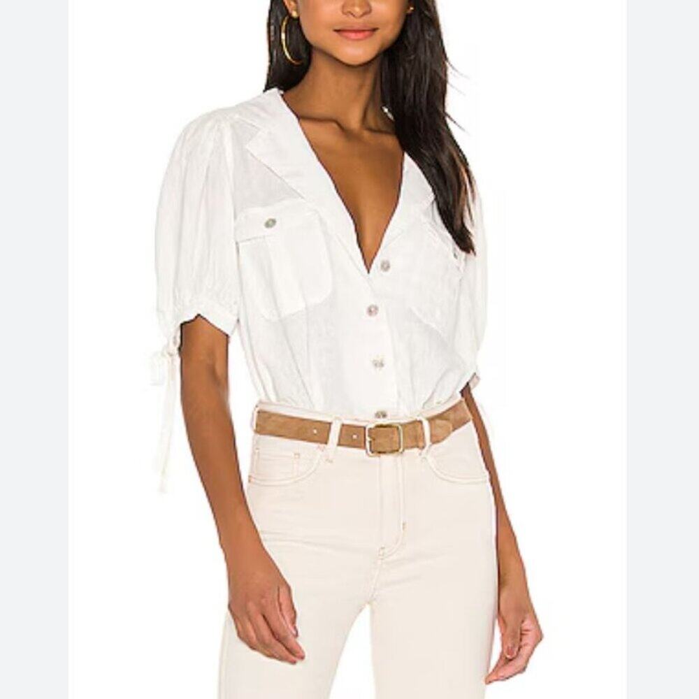 Free People Safari Babe Revolve Off White Button-Up Top Small Tie Sleeve Detail